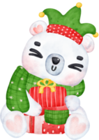 Navidad sorpresa, alegre adorable polar oso con apilado regalos, invierno animal acuarela niños ilustración png