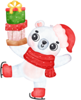 Christmas Surprise, joyful Adorable Polar Bear on skating with Stacked Presents, winter animal watercolour Children Illustration png