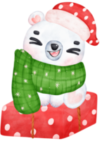 Navidad sorpresa, alegre adorable polar oso con apilado regalos, invierno animal acuarela niños ilustración png