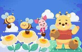Little Cute Bear Together With His Friend Harvest The Honey vector