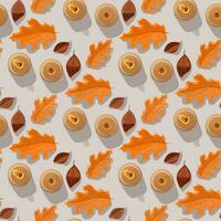 A pattern of autumn leaves and candles in brown and orange tones on a gray background with a shadow. Fallen leaves. Flat design. Great for creating backgrounds, clothing and editorial design, home. vector