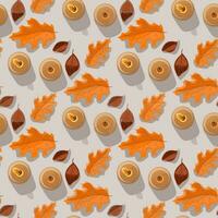 A pattern of autumn leaves and candles in brown and orange tones on a gray background with a shadow. Fallen leaves. Flat design. Great for creating backgrounds, clothing and editorial design, home. vector