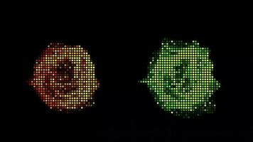 Halftone dots abstract digital technology animated green-orange light on black background. video