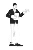 Office man presenting business report at work flat line black white vector character. Editable outline full body person on white. Simple cartoon isolated spot illustration for web graphic design