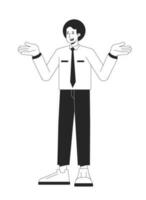 Ignorant office worker shrugging with confusion flat line black white vector character. Editable outline full body person on white. Simple cartoon isolated spot illustration for web graphic design