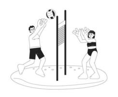 Beach volleyball monochrome vector spot illustration. Man and woman in swimsuit playing with ball over net 2D flat bw cartoon characters for web UI design. Isolated editable hand drawn hero image