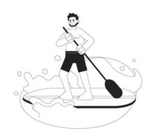 indio hombre paddleboarding en lago monocromo vector Mancha ilustración. chico en trajes de baño en pie arriba paleta tablero 2d plano bw dibujos animados personaje para web ui diseño. aislado editable mano dibujado héroe imagen