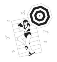 Reading book on beach monochrome vector spot illustration. Woman enjoying summer reading 2D flat bw cartoon character for web UI design. Beach relaxation isolated editable hand drawn hero image