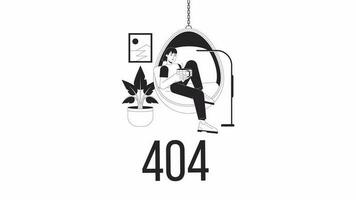 Cozy lifestyle bw 404 animation. Girl with mug drinking tea. Empty state 4K video concept footage with alpha channel transparency. Outline monochrome page not found flash message for UI, UX web design