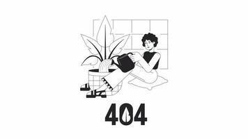 Watering plant bw 404 animation. Gardening houseplant. Empty state 4K video concept footage with alpha channel transparency. Outline monochrome page not found flash message for UI, UX web design