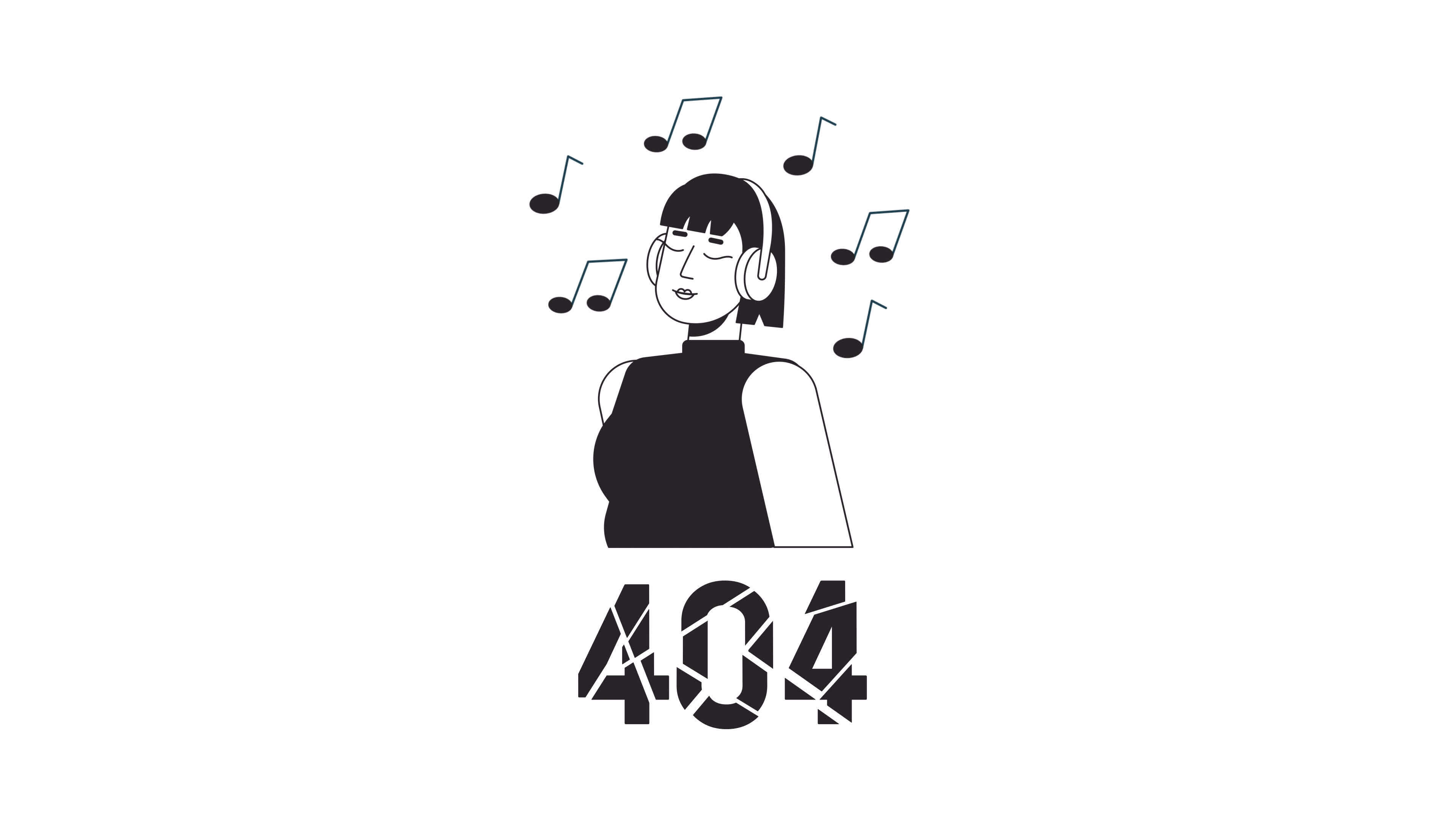 Music lover bw 404 error animation. Headphones girl resting