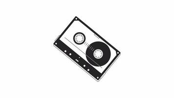 audio cassette terugspoelen bw animatie. retro plakband. zwart en wit dun lijn icoon 4k video voor web ontwerp. analoog opname geïsoleerd monochromatisch vlak voorwerp animatie met alpha kanaal transparantie