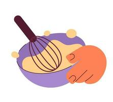 Hand hold bowl and whisk semi flat colour vector object. Cooking utensil. Food preparation. Editable cartoon clip art icon on white background. Simple spot illustration for web graphic design