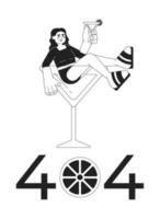 Cocktail party black white error 404 flash message. Nightlife. Arab woman with margarita. Monochrome empty state ui design. Page not found popup cartoon image. Vector flat outline illustration concept