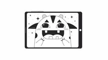 Happy monster on tablet bw animation. Black and white thin line icon 4K video for web design. Watch children movie isolated monochromatic flat object animation with alpha channel transparency
