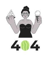 Eating ice cream, watermelon on beach black white error 404 flash message. Summertime. Monochrome empty state ui design. Page not found popup cartoon image. Vector flat outline illustration concept