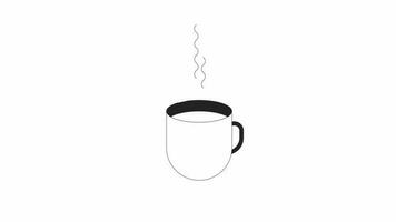Hot beverage in mug bw animation. Black and white thin line icon 4K video for web design. Ceramic cup of tea heat isolated monochromatic flat object animation with alpha channel transparency