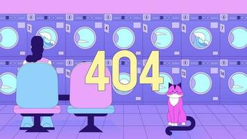 in attesa lavanderia 404 errore animazione. donna nel lavanderia con gatto. vuoto stato 4k video concetto, alfa canale trasparenza. animato lofi sfondo. colore pagina non trovato per ui, UX ragnatela design