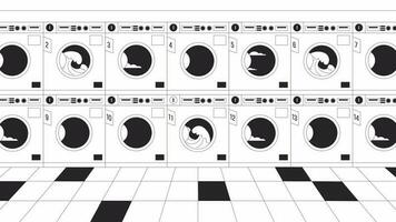 Laundry in public bw lo fi animation. Spinning dryer. Commercial laundromats. Animated 2D monochrome outline interior. Chill lofi music 4K video black white background, alpha channel transparency