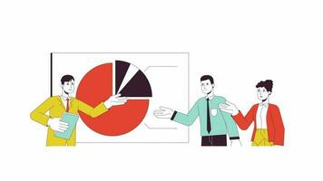 Coworkers discuss chart animation. Animated cartoon spokesman with colleagues. Isolated colour flat line 2D characters 4K video footage, white background, alpha channel transparency for web design