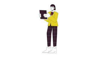 Female office worker animation. Animated cartoon woman with paperwork in suit. Isolated colour flat line 2D character 4K video footage, white background, alpha channel transparency for web design