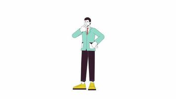 Brainstorming employee animation. Animated cartoon thinking man question marks. Isolated colour flat line 2D character 4K video footage, white background, alpha channel transparency for web design