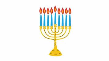 hanukkah menora kandelaber med nio belyst ljus. video platt tecknad serie animering design element. 4k video antal fot, alfa kanal genomskinlighet för webb design