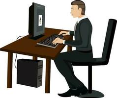 Side view of young Businessman working on desktop. vector