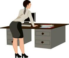 Business lady character standing on her working desk support. vector