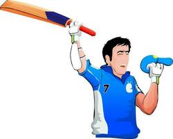 Character of a happy cricketer holding bat and cap. vector