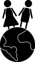 Silhouette of a male and female joining hands around earth. vector