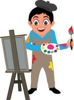 Boy holding painting brush with colorful palette and standing canvas. vector