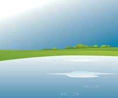 Green landscape with river and blue sky. vector