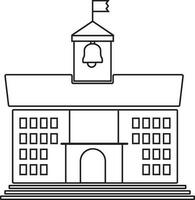 Illustration of school building with flag in black line art. vector