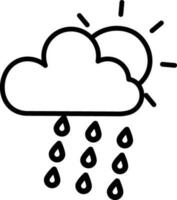 Flat style raining cloud with sun in black line art. vector