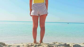 espalda ver hermosa joven mujer estar en nisi playa en Chipre disfrutar mar ver en fiesta vacaciones en verano al aire libre. azul cielo y blanco arena playa con claro Mediterráneo aguas video