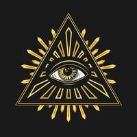 Composition with all seeing eye, eye of providence. Illuminati symbol in pyramid, triangle with light rays, geometric beams. Golden design in retro, vintage style. vector