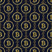 Seamless pattern with chains, gold bitcoin symbols in round frame on a dark blue background. Background is textured with small gold particles like dust, motes. Cryptocurrency, digital money pattern. vector