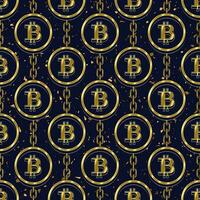 Seamless pattern with chains, gold bitcoin symbols in round frame on a dark blue background. Background is textured with small gold particles like dust, motes. Cryptocurrency, digital money pattern. vector