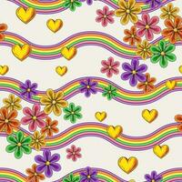 Summer pattern with flying chamomile flowers, hearts, wavy psychedelic stripes. Bright colors. Good for apparel, fabric, textile, surface design. 1960s, 70s style retro background. vector
