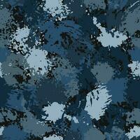 Seamless blue camouflage pattern with paint splatter, stains, blots, smudge of paint. Good for apparel, fabric, textile, surface design. For prints, clothing, t shirt, surface design. Vintage style vector