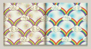 Patterns with clouds, rainbow arch and halftone shapes. Geometric cartoon background. Concept of harmony, positivity. Groovy, hippie, naive style for apparel, fabric, textile vector