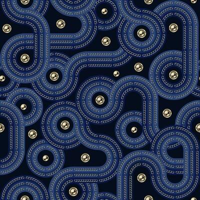 Retro 70s geometric seamless pattern with blue vintage color lines with chains and gold beads. Striped abstract 1970s colorful background.