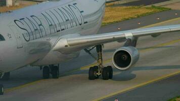 FRANKFURT AM MAIN, GERMANY JULY 19, 2017 - Lufthansa Airbus 340 D AIFF, Star Alliance livery taxiing at 07L. Fraport, Frankfurt, Germany video