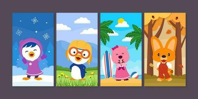 Cute Animal Pose Social Media Template vector