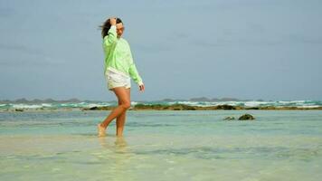 The girl walks along the water, her hair developing in the wind. video