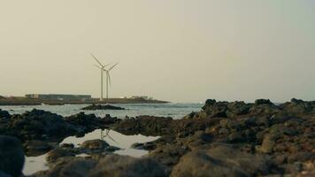 Wind Generator auf das Ufer von das Bucht, reflektiert im das Wasser video