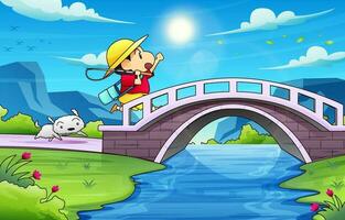 Boy and White Dog Going and Fishing Background vector