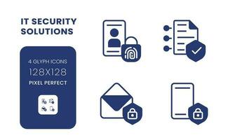 Cyber security solutions black solid desktop icons pack. Authentication control. Risk management. Pixel perfect 128x128, outline 4px. Symbols on white space. Glyph pictograms. Isolated vector images