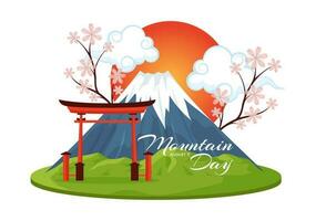 Mountain Day in Japan Vector Illustration on August 11 with Mount Fuji and Sakura Flower Background in Flat Cartoon Hand Drawn Templates